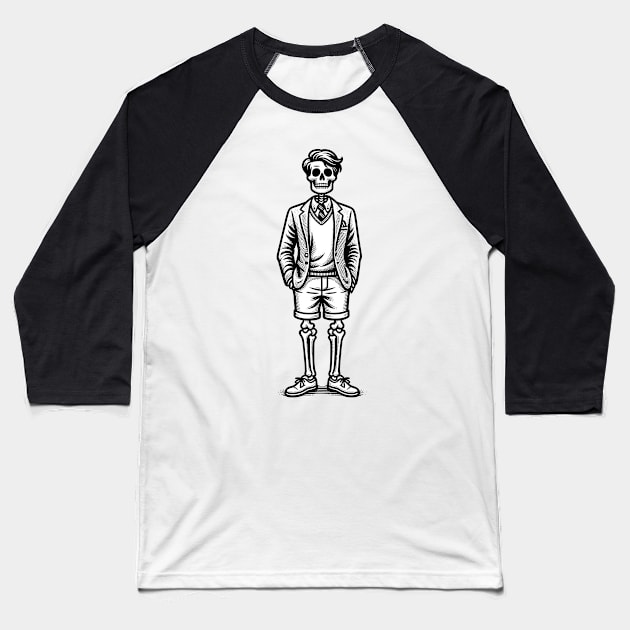 Preppy Skeleton - Black and White Line Drawing Baseball T-Shirt by Quirk Print Studios 